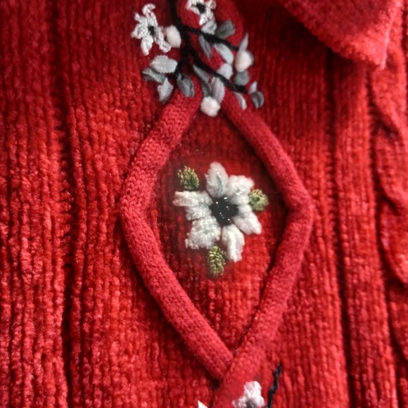 Red Alfred Dunner Cable Knit Chenille Sweater Floral Embroidery Size PXL (T-341) - Picture 12 of 12